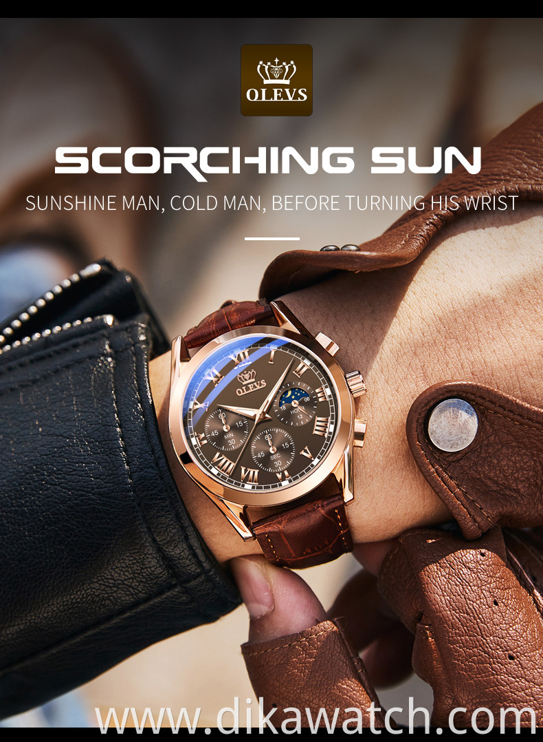 OLEVS Watch 2871 Multifunctional Sports Fashion Genuine Leather Wristwatch Chronograph Waterproof Luminous Men's Watch